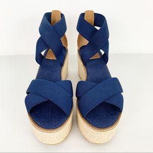 Tory Burch Frieda Espadrille Stretch Webbing Sandals 7.5 Platform Navy Blue